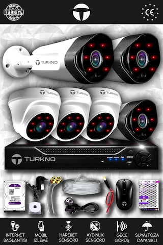 Turkno 6 Kameralı Galia 3 İç Kamera Set 250 GB HDD Full HD Gece Görüşlü Güvenlik Kamerası Sistemi