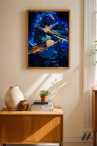 Demon Slayer Mavi Savaşçı Poster, Ahşap Çerçeveli Duvar Tablosu - Anime Severlere Özel Hediye