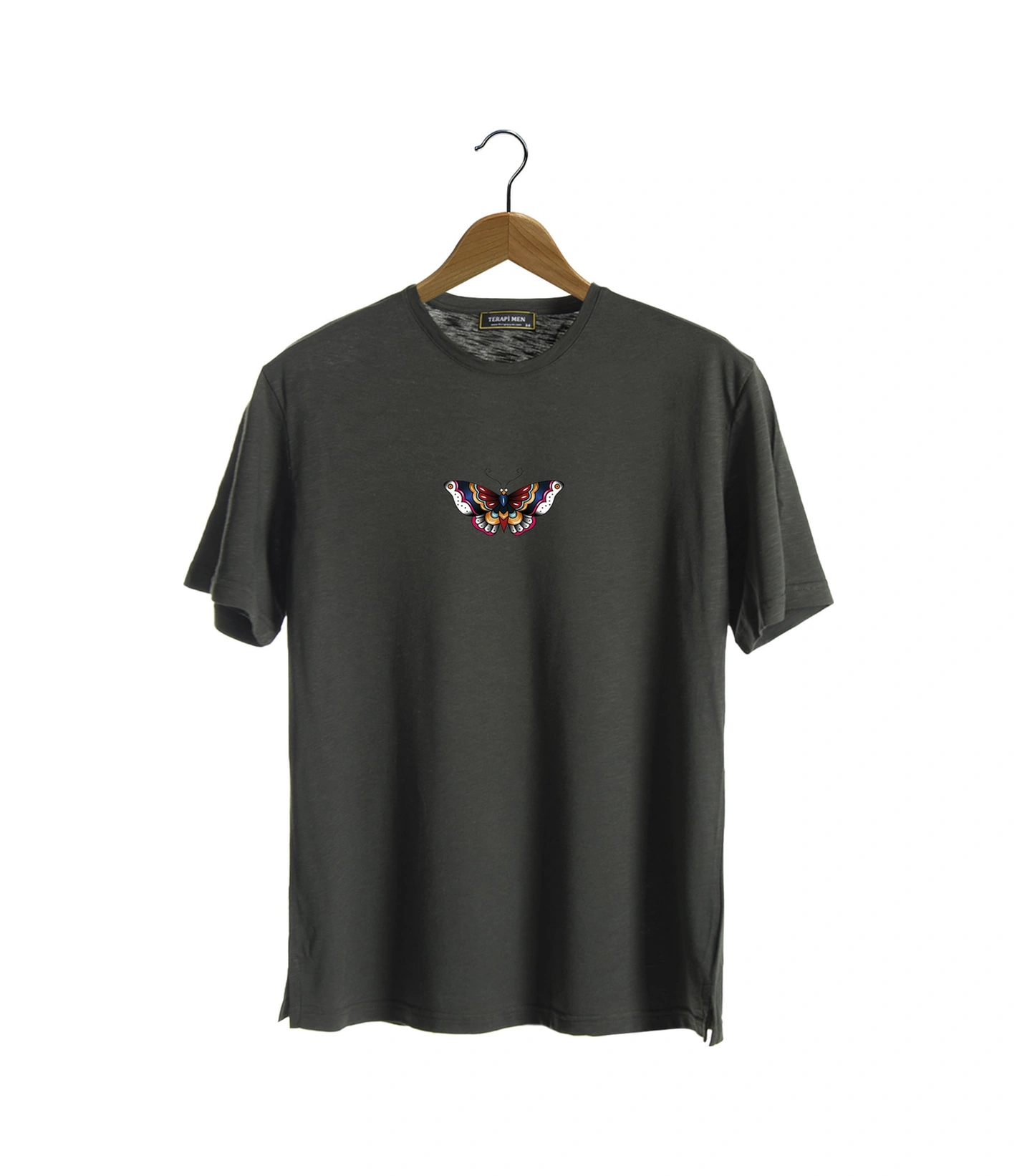 Veaven Unisex Koyu Yeşil Bisiklet Yaka Önü Kelebek Baskılı Oversize T-shirt Koyu Yeşil
