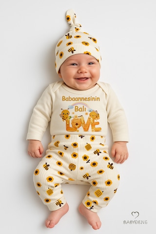 Babyden's Babaannesinin Balı 3 Lü Yenidoğan Takım Pamuklu Uzunkol Body,çiçek Arı Desenli Pantolon,bere Ekru