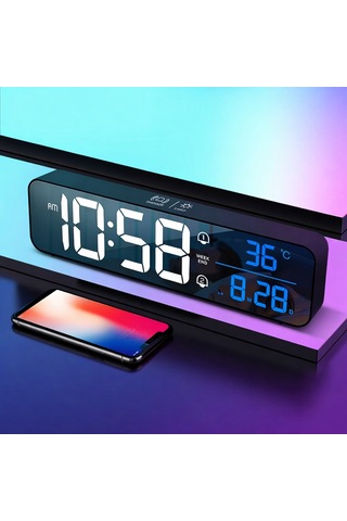 Mdstech Hd Led Aynalı Dijital Masa Saati Sıcaklık Tarih Alarm Usb Şarjlı Elektronik Saat Siyah