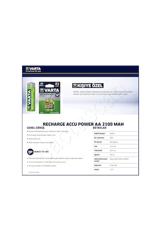 Varta 56706 Ready2USE 2100 mAh AA Kalem Pil 4'lü + Varta 800 mAh AAA Şarjlı Pil + Pil Kutusu