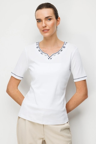 Desen Triko Sıfır Yaka Yakası Ve Kolu İşlemeli Pamuklu Penye Kadın T-shirt 26803 Ekru