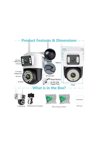 Zhltools 4mp Çift Lens Ip Kamera - Wıfı Açık Otomatik İzleme, Su Geçirmez Kablosuz Güvenlik Ev Kamerası, Renkli Gece Görüş