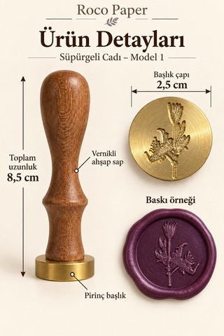 Cadılar Halloween Temalı Ahşap Pirinç Mühür - 2.5 Cm Çap, Süpürge Çok Renkli
