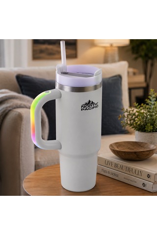 Led Işıklı Kulplu Pipetli Termos - 900 Ml Gri