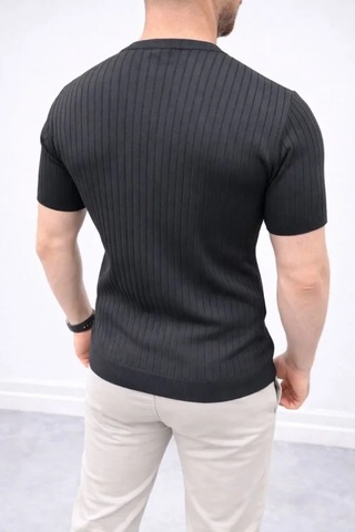 Modi Erkek Kısa Kol Fitilli Triko T-shirt Yazlık Hakim Yaka Tişört - Siyah Açık Lacivert - Gri - Siyah
