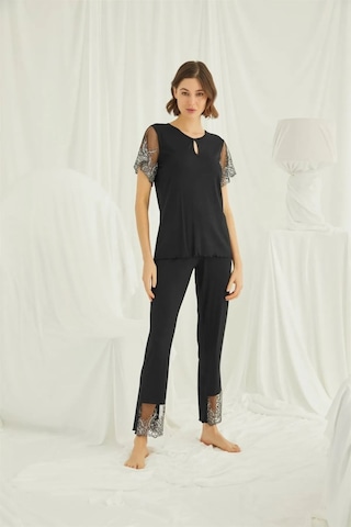 Monamise 19193 Kadın Kısa Kollu Pijama Takımı-siyah Siyah