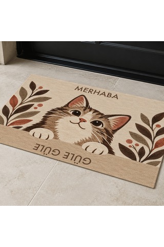 Kartela Halı Merhaba Güle Güle Kedili Kapı Paspası Bej Kaymaz Kauçuk Taban Yıkanabilir 60x90 Cm