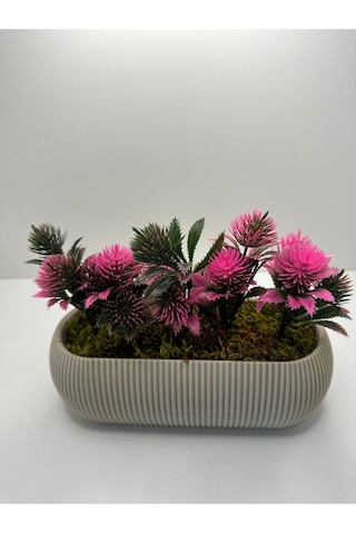 Uzun Bej Renk Saksıda Yapay Çiçek Pembe Iğneli Çam Demeti Dekoratif Mutfak Banyo Masa Çiçeği 21x9x7 - Pembe