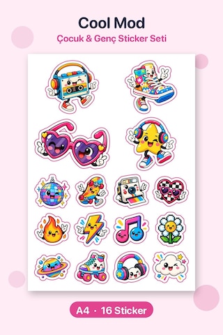 Cool Mod 16 Adet Retro Pop Sticker Çıkartma A4 Ajanda Etiketi Çok Renkli