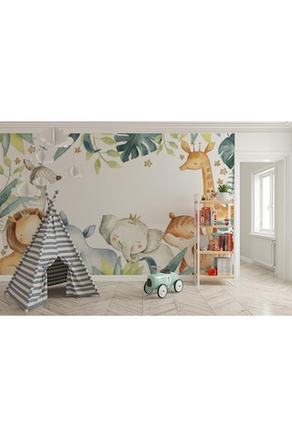 Sevimli Hayvanlar Tropikal Yapraklar Çocuk Odası Duvar Kağıdı