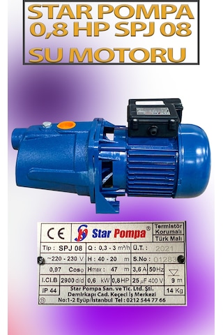 0,6 Kw 0,8 Hp 2900 D/d 3,6 A. Su Motoru 220 V/50 Hz Termistör Korumalı Pompa