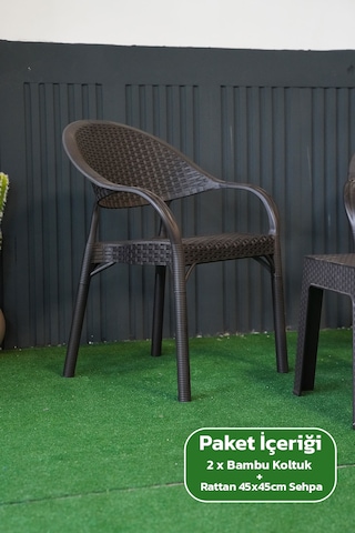 Bambu Rattan Görünümlü Sehpalı Set 2 Adet Koltuk + 45 Cm Sehpalı Sandalye Seti Kahverengi