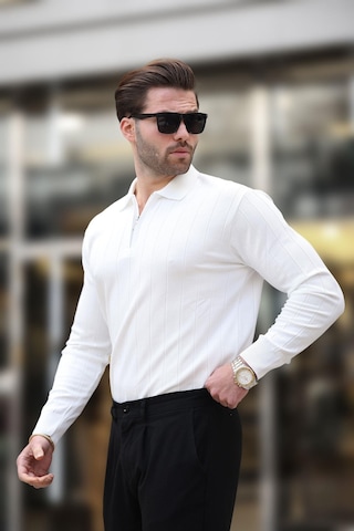 Madmext Beyaz Polo Yaka Fermuarlı Örme Kazak 7242 Beyaz