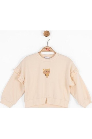 Nk Kids Kız Bebek İçi Şardonlu Oversize Baykuş Baskılı Sweatshirt-14718 Krem