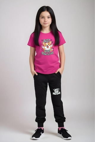 Just Stay Paw Baskılı Kız Çocuk Tişört Ve Eşofman Alt-üst Takım Fuşya