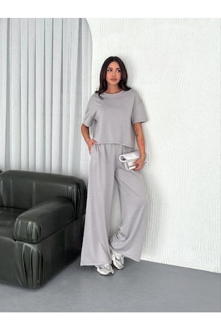 Freedom Storee Kadın Osy Modal Yumuşak Kumaş Bisiklet Yaka T-shirt Bol Paça Pantolon İkili Takım - Boyalı Gri Çok Renkli