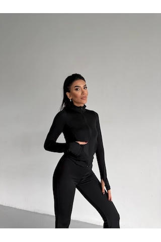 S-pazarım Kadın Balıkçı Yaka Cep Detaylı Ceket Ve Ispanyol Paça Spor Ikili Takım Siyah
