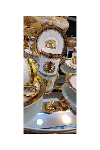 Lokman Züccaciye Austin Gold Kabartma Desenli Kahve Fincan Takımı Sarı