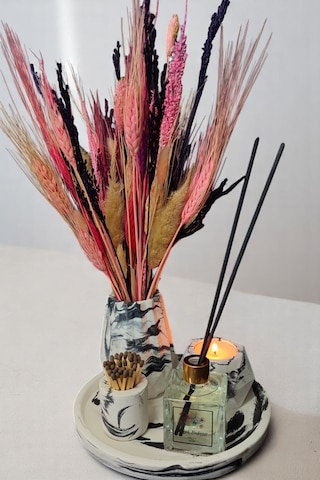 Mermer Desenli Vazo Seti-tealight Mumluk-kibritlik-oda Kokusu-vazo Mum Ve Koku Çubuğu Dahildir Beyaz - Siyah