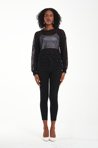 Bisiklet Yaka Petek File Bluz Siyah