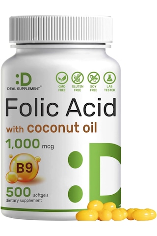 Deal Supplement Folic Acid 1000 Mcg Oil Bioavailable Prenatal Vitamin B9 500 Softgels