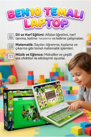 Sesli 100 Fonksiyonlu Ben10 Temalı Fareli Türkçe Ve İngilizce Destekli Eğitici Oyuncak Laptop