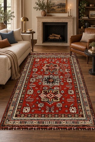 Oknar Nostaljik Kırmızı Robot Süpürge Uyumlu Oturma Odası Salon Saçaklı Kilim Dokulu Kolay Temizlenebilir Hali