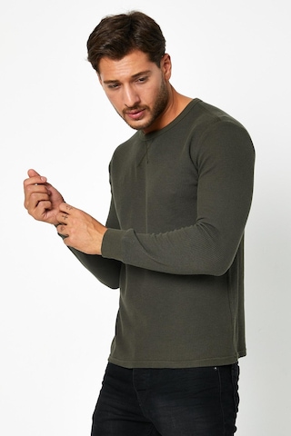 Erkrk Waffle Özel Dokulu Kumaş Standart Fit Uzun Kollu Basic T-shirt Haki