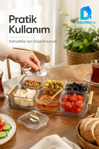 6 Lı Kapaklı Kahvaltılık Seti Şeffaf Gold Kulplu Sunum Tepsili Seffaf