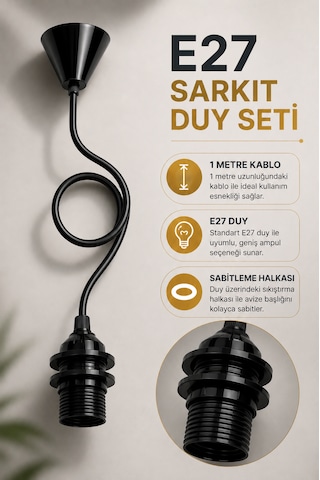 E27 Rozanslı Kablolu Sarkıt Avize Duyu 1 Metre Siyah Askı Takımı Tam Dişli Rondelalı