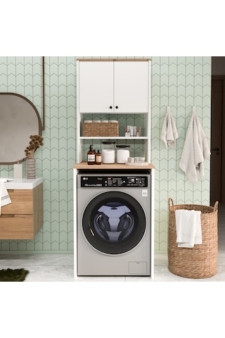 Robin Home Alaska Çamaşır Makinesi Dolabı 2 Kapaklı Raflı Sepet-beyaz Beyaz