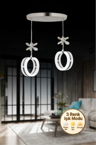Litra Lighting Aurea Model 2 Li Kristal Taşlı Gümüş 3 Renk Modu Ledli Salon Mutfak Oturma Odası Sarkıt Led Avize Gümüş