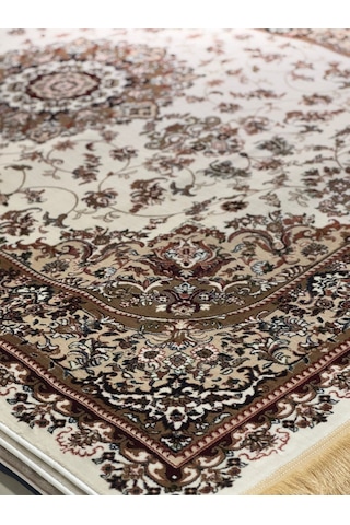 Asaryün Halı Ipek H3809c Krem Bej İpeksi Geleneksel Renkli Göbekli Klasik Desen Salon Halısı Modern Renkli