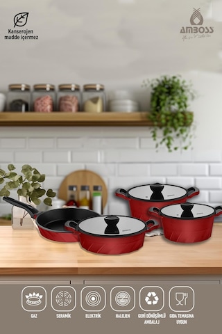 Vento 7 Parça Döküm Titanyum Kaplama Tencere Tava Seti Kırmızı Kırmızı