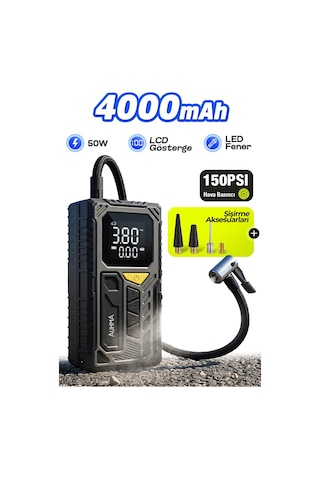 Auhma A7777 Taşınabilir Araç Lastik Hava Pompası 4000mah 150 Psı Dijital Ekranlı Kompresör Type-c