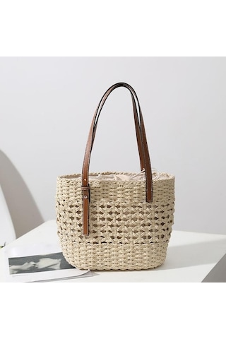 Ganzhoushop Yaz Üst Tote Saplı Plaj Omuz Kova Khaki Kapasiteli Kadınlar İçin Hasır Dokuma Çantası Çantası Çanta Büyük Alışveriş My Haki