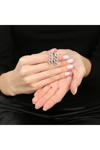 Tesbihane  Çift Sıra Beyaz Zirkon Taşlı Silver Renk 925 Ayar Gümüş Gurmet Kadın Küpe