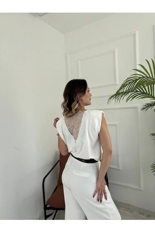 Keymoda Kadın Arkası Dantel Detaylı Basic Tshirt Ekru