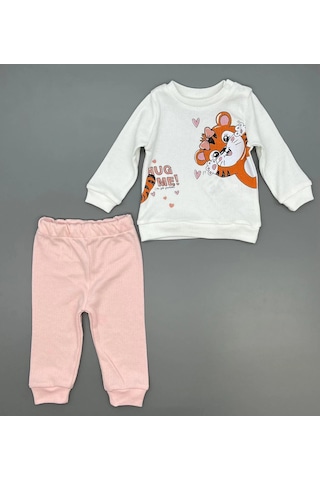 Kız Bebek Kedi Baskılı Çıt Çıtlı Alt Üst İkili Gündelik Takım Pudra