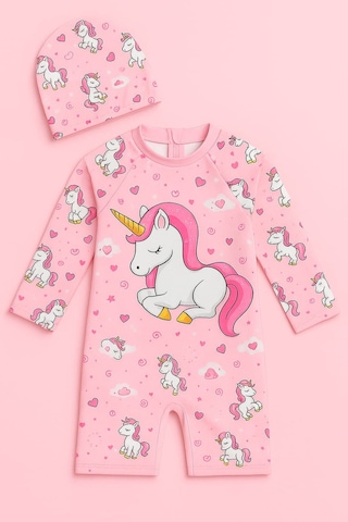 My Kids Wear Kız Cocuk Uzun Kollu Ve Fermuarlı Mayo Takımı 3 -10 Yas 11905 Pembe