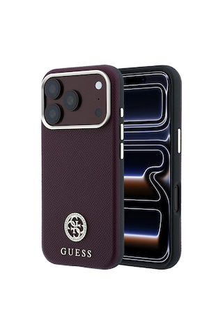 Apple iPhone Uyumlu 18 Pro Kılıf Guess Lisanslı M-safe Özellikli Pu Taşlı Metal 4g Ve Yazı Logolu Kapak Bordo