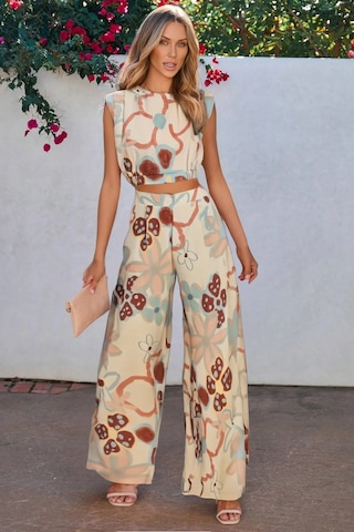 Büyük Pastel Çiçekli Vatkalı 80ler Lastikli Pantolon Crop Keten Yazlık İkili Takım Krem