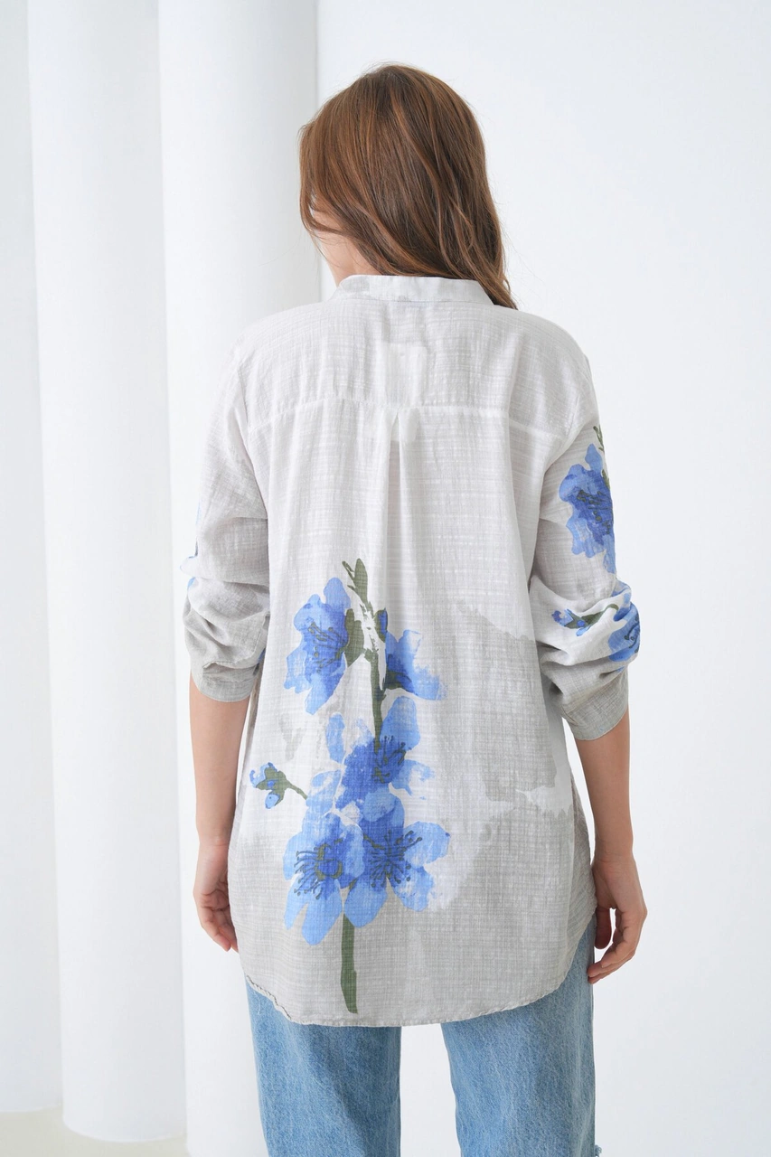 Kadın Tesettüre Uygun Uzun Kol Pamuk Şık Büyük Beden Desenli Curve Rahat İtalyan Keten Gömlek Mavi