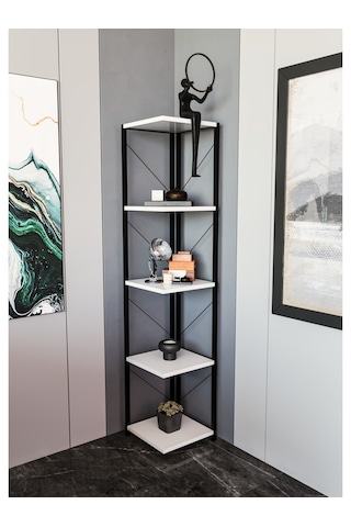 Alpa Ev Mobilya 5 Katlı Kare Raflı Metal Köşe Raf, Dekoratif Kitaplık Ve Modern Saksılık Beyaz