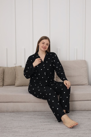 Gömlek Yaka Büyük Beden Kadın Süet Dokulu Kadın Alt Üst Pijama Takımı Yıldız Siyah