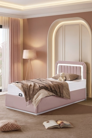 Demonte Baza Seti, Valens Ledli Tek Kişilik Baza Başlık Maxi Yatak Seti, Pembe - 100x200 Cm 100 x 200