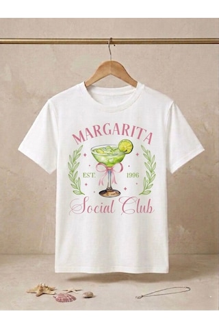 Margarita Baskılı Oversize Kompak T-shirt Beyaz
