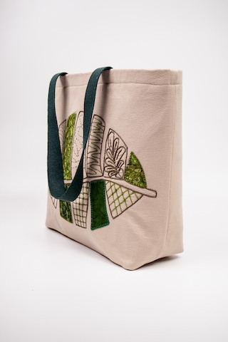 Fabric Craft Bag Omuz Çantası Duck Kumaş Patchwork Sashiko El İşlemeli Astarlı Telalı Günlük Çanta 44x34 Cm Acı Kahverengi - Bej
